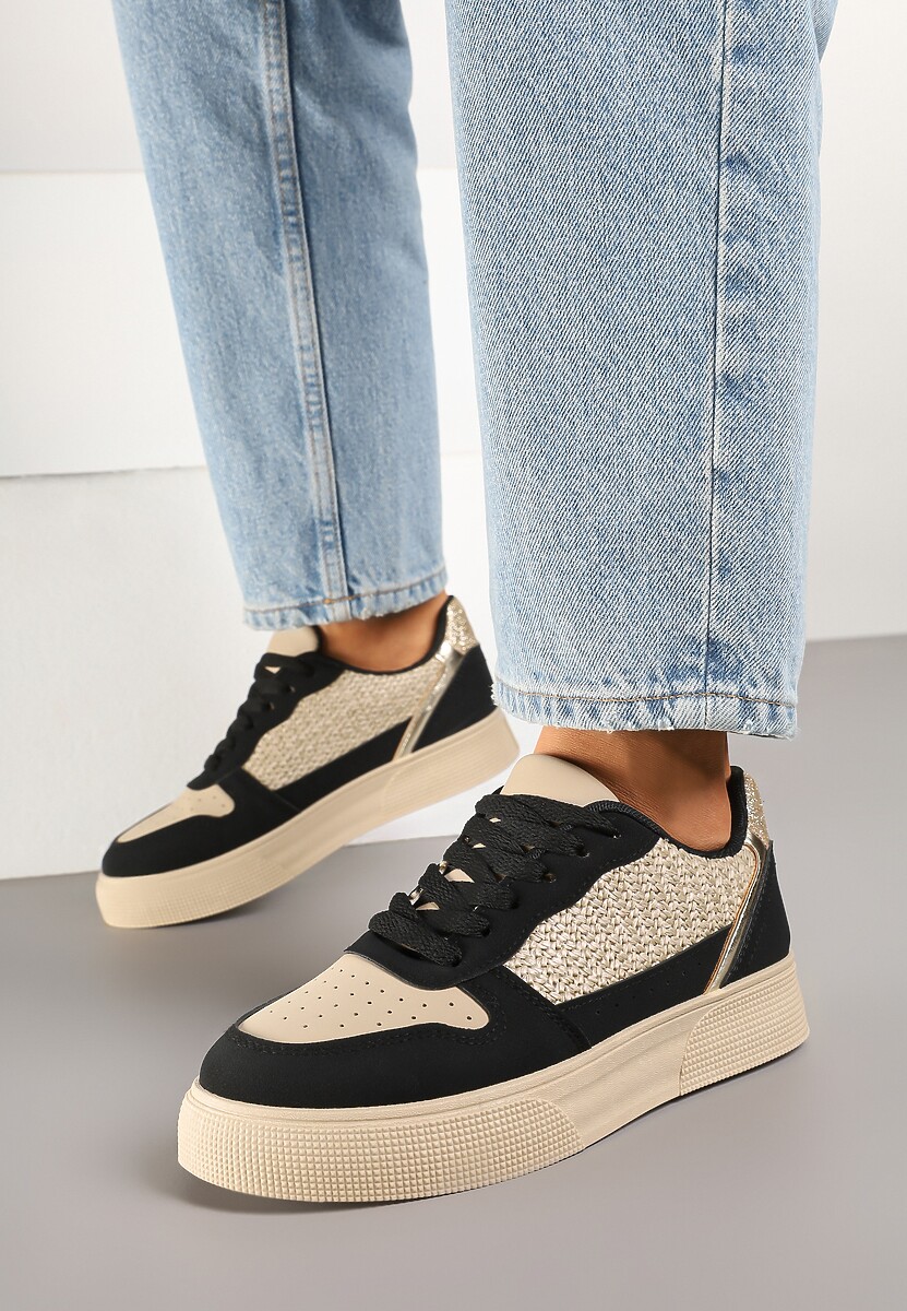 Beżowo-Czarne Sneakersy na Platformie Ozdobione Plecionką Perforacją i Brokatem Tulreia