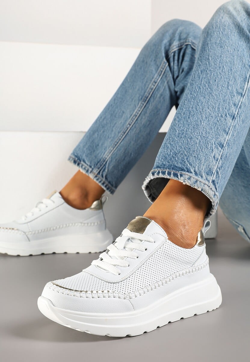 Biało-Złote Sneakersy Skórzane Ozdobione Metalicznymi Wstawkami i Przeszyciami Renosa