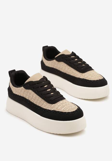 Czarne Sneakersy na Platformie Ozdobione Plecionką Nilaraviela