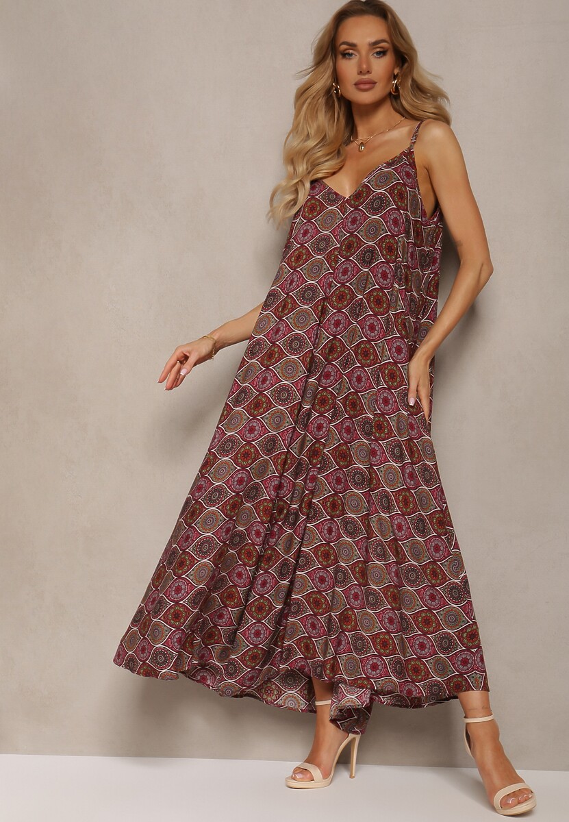 Czerwona Sukienka z Wiskozy na Cienkich Ramiączkach z Dekoltem w Serek Oannessa