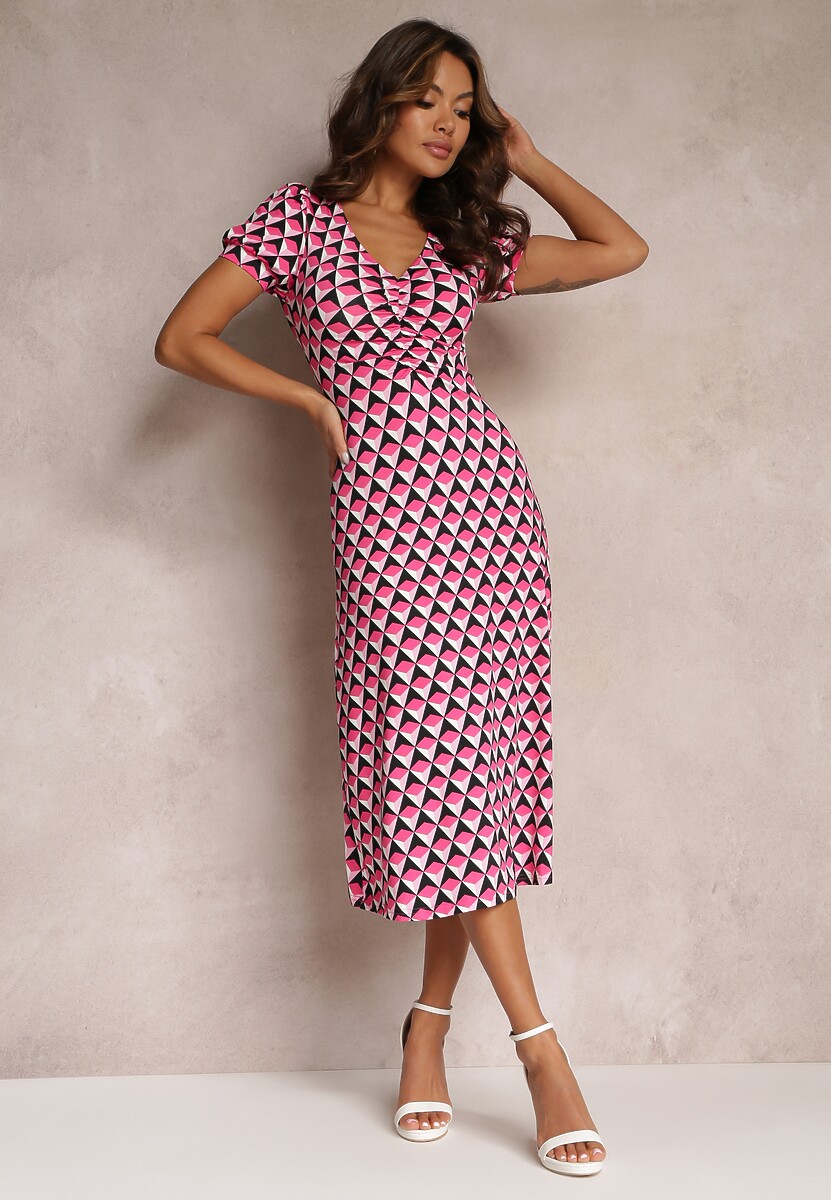 Beżowa Taliowana Sukienka z Ozdobnym Marszczeniem w Geometryczny Wzór Eranthis