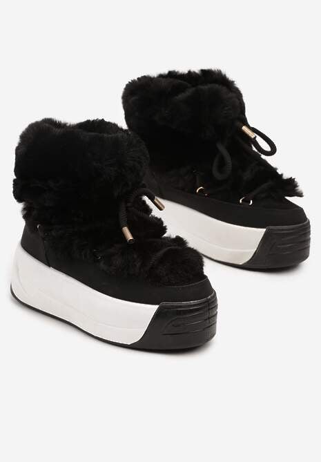 Czarne Futerkowe Śniegowce Wsuwane na Platformie z Imitacją Sznurówek Linettia