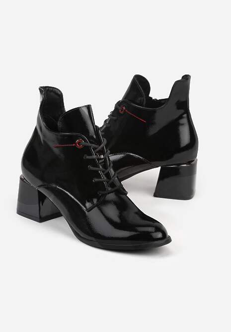 Czarne Asymetryczne Lakierowane Botki VICES na Obcasie ze Sznurowaną Cholewką Zalles