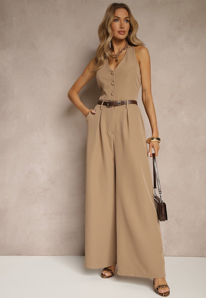 Ciemnobeżowy Taliowany Kombinezon z Guzikami Nilaviella