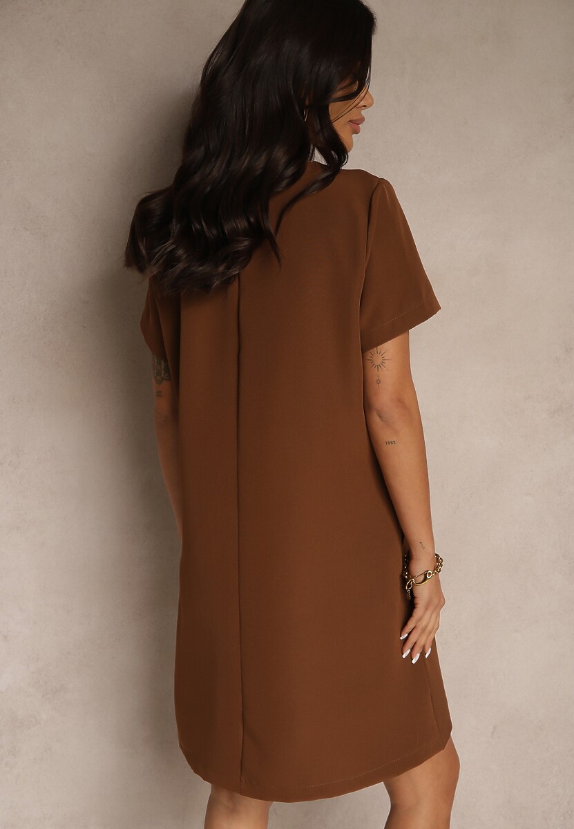 Brązowa Trapezowa Sukienka Mini z Krótkim Rękawem i Kieszeniami Vrea