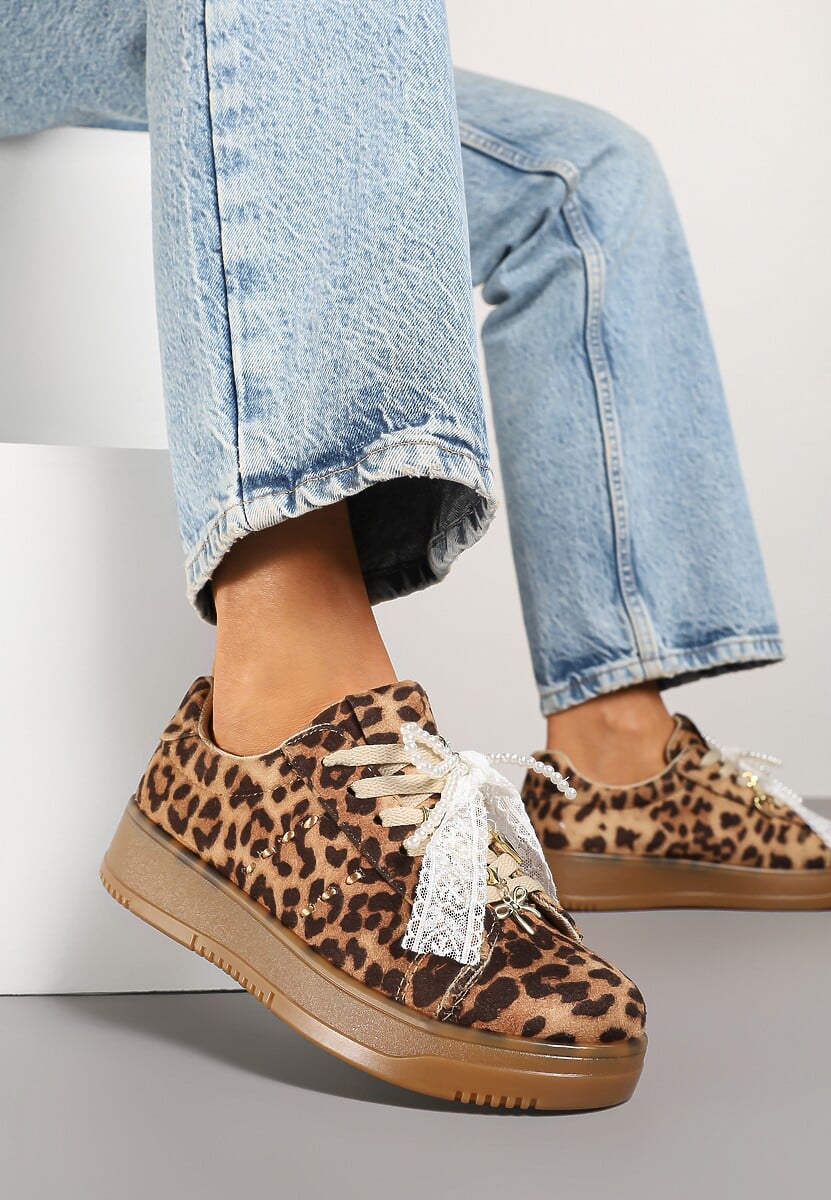 Panterkowe Sneakersy na Niskiej Platformie z Aplikacjami i Kokardkami Divienne