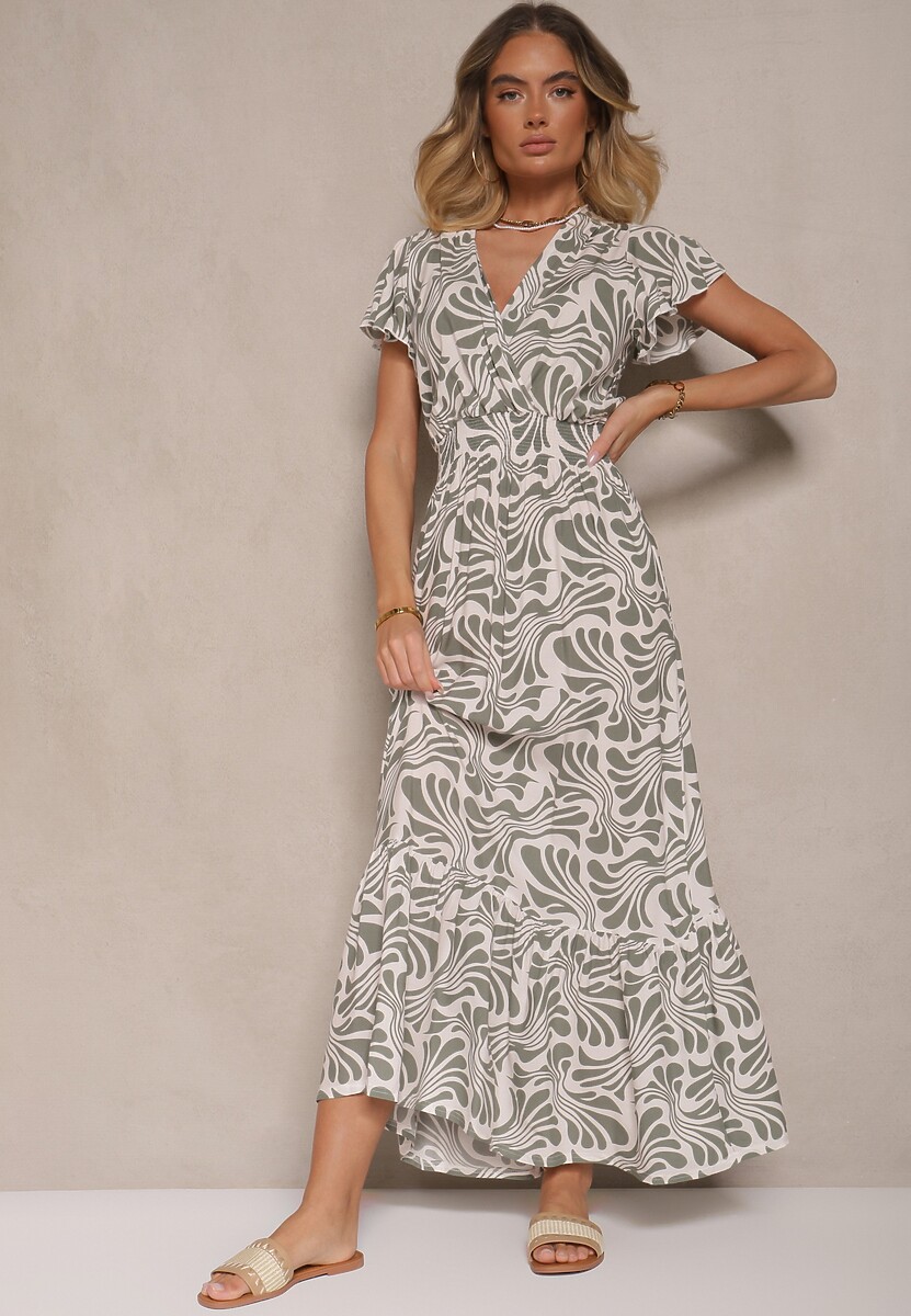 Czarna Kopertowa Sukienka z Ozdobną Falbanką w Kwiatowy Print Velmoi