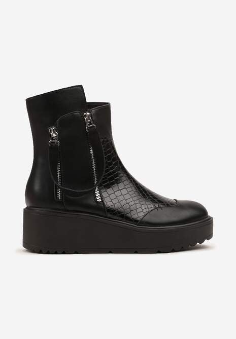 Czarne Botki Vices na Koturnie i Platformie Ozdobione Suwakiem Gattie