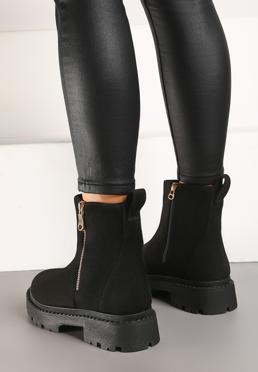 Czarne Płaskie Botki z Ekozamszu z Suwakiem Tinaferr