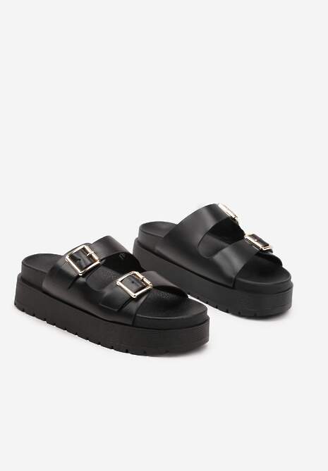 Czarne Klapki  na Platformie z Paskami ze Sprzączkami Kaliora