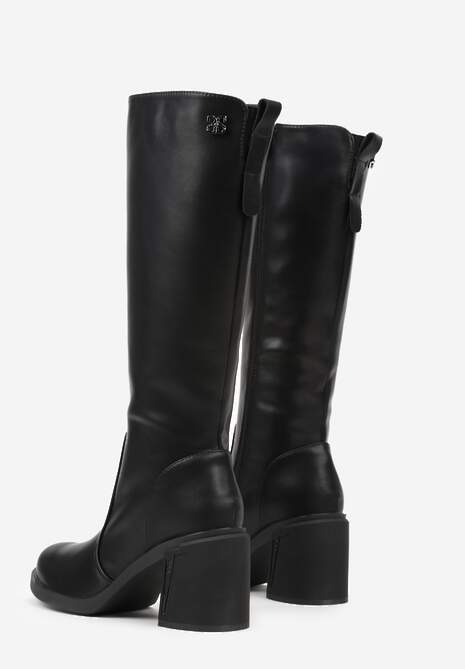 Czarne Kozaki VICES na Słupku ze Skóry Naturalnej Ozdobione Aplikacjami Refesa