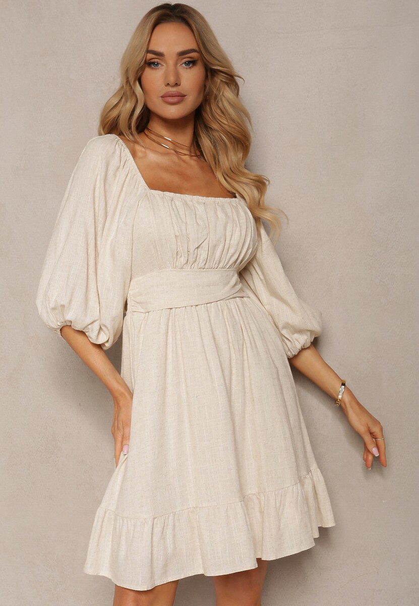 Beżowa Sukienka z Lnem i Wiskozą Wykończona Podszewką Falbanką i Gumką w Talii Alzemia