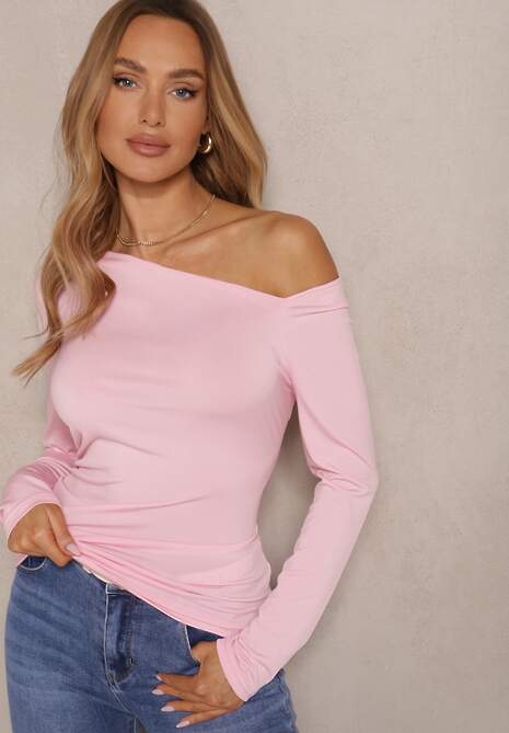 Różowa Asymetryczna Bluzka z Odkrytym Ramieniem Ninavena