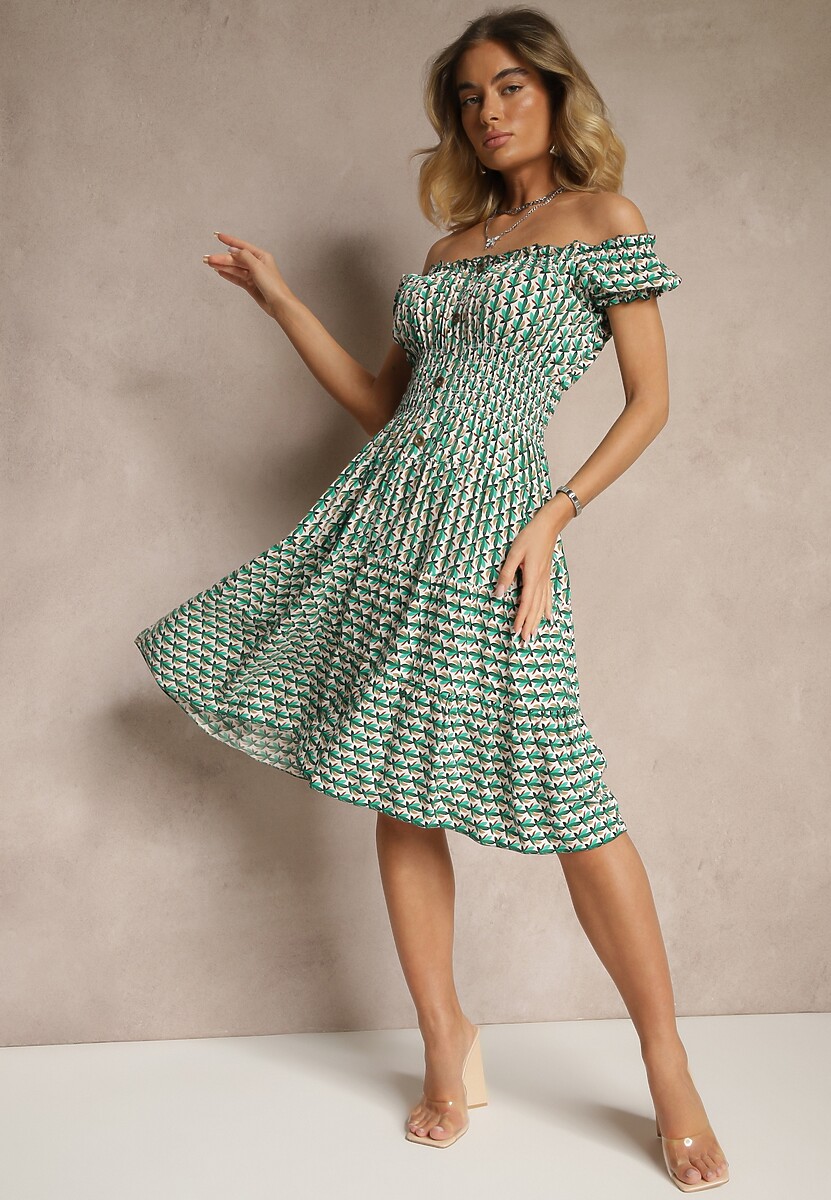 Zielona Bawełniana Sukienka z Bufiastymi Rękawami i Guzikami Ronimera