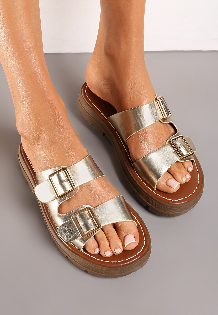 Złote Klapki z Grubą Podeszwą i Paskami ze Sprzączkami Myrthalia