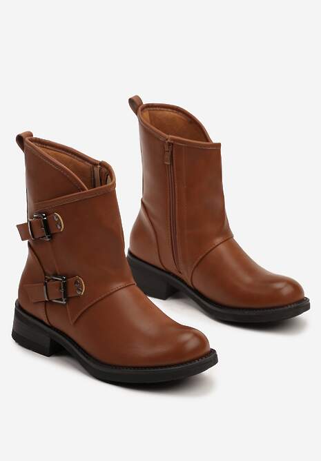 Brązowe Asymetryczne Botki z Ozdobnymi Klamrami przy Cholewce Marinissa