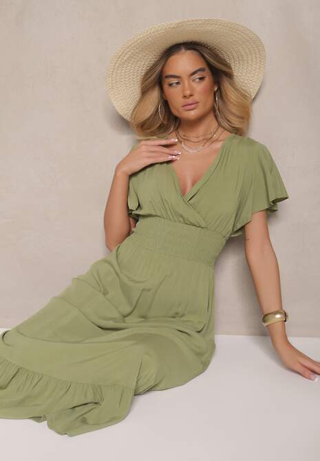 Zielona Rozkloszowana Sukienka z Wiskozy z Kopertowym Dekoltem Rellrive