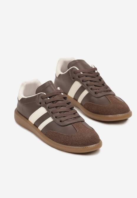 Brązowe Casualowe Sneakersy na Płaskiej Podeszwie z Paskami Jereria