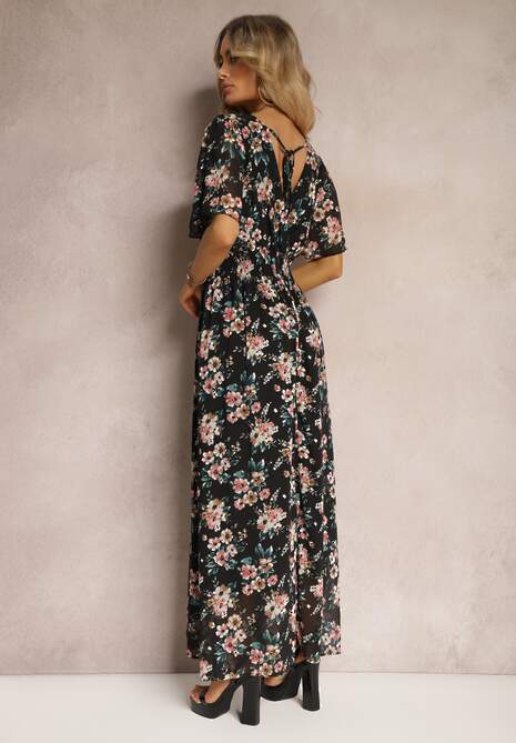 Czarna Sukienka z Wiązaniem na Plecach z Krótkim Rękawem i Metaliczną Nicią Mleada