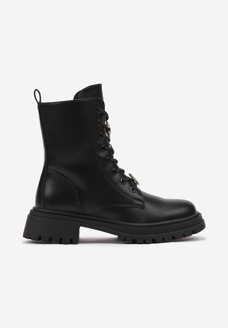 Czarne Botki na Platformie w Stylu Workerów Ozdobione Cyrkoniowymi Aplikacjami Mericia