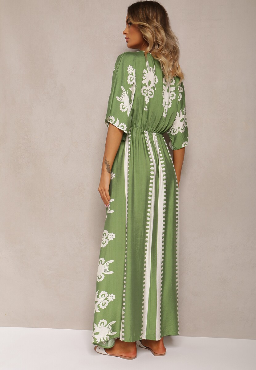 Zielona Sukienka Taliowana z Bawełny z Gumką w Pasie Rivaq