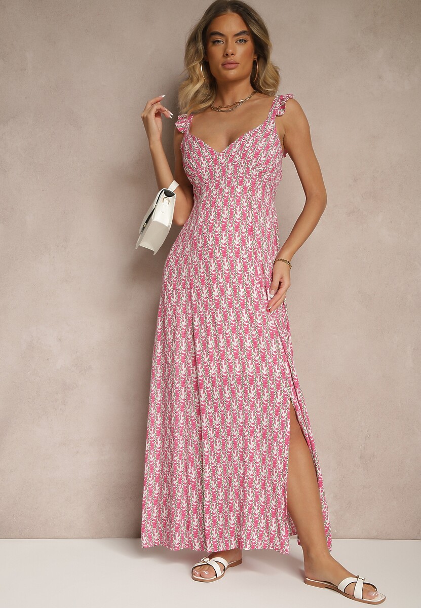 Fuksjowa Sukienka z Wiskozy z Falbankami w Kwiatowy Wzór Redeine