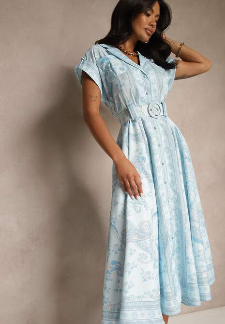 Niebieska Sukienka z Lnu i Wiskozy o Koszulowym Kroju z Paskiem z Klamrą Aluvanna