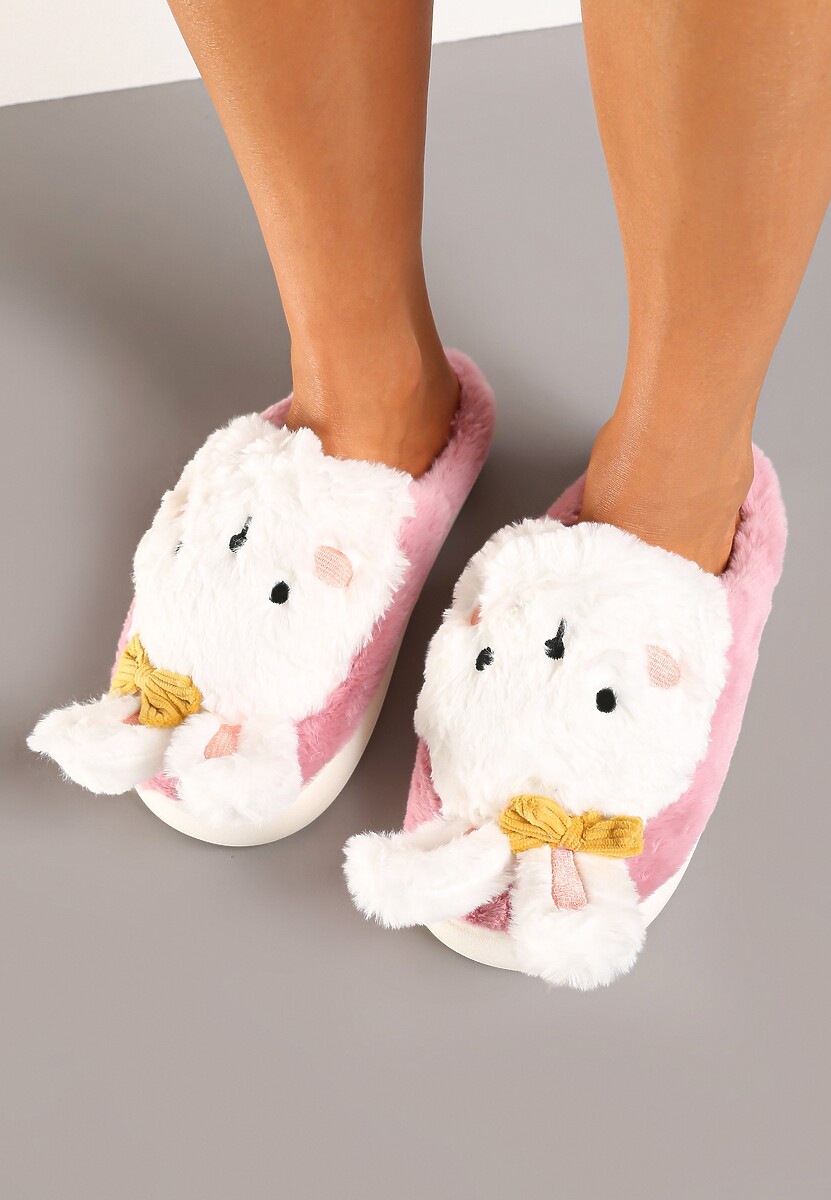 Różowe Kapcie na Płaskiej Podeszwie Ozdobione Króliczkiem 3D Temiena