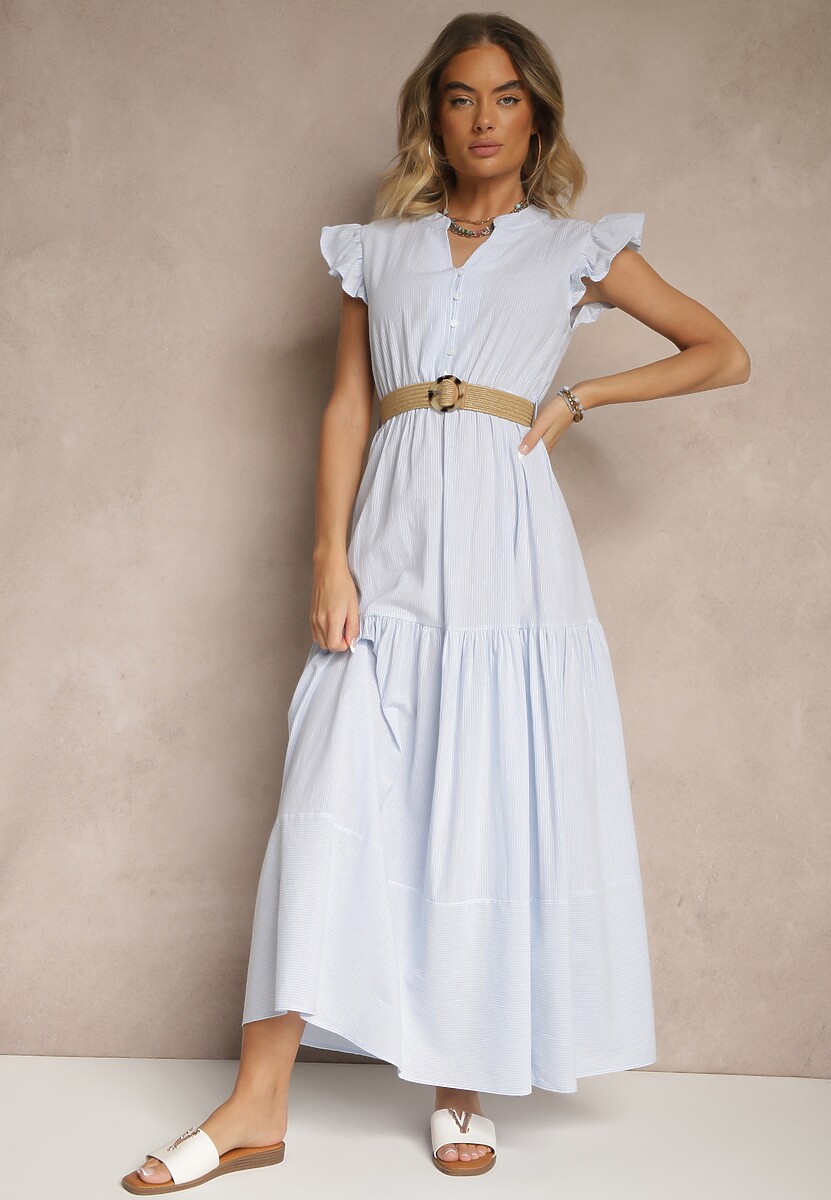 Jasnoniebieska Rozkloszowana Sukienka z Bawełny w Stylu Boho z Paskiem z Klamrą Iffarisa