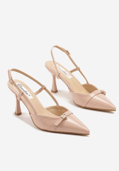 Beżowe Sandały Lakierowane Slingback Ozdobione Klamrą Novilora