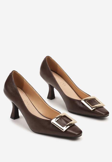 Brązowe Czółenka Vices ze Skórzaną Wkładką i Metaliczną Klamerką Berrine