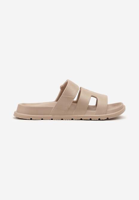 Ciemnobeżowe Klapki z Pianki Zdobione Geometrycznymi Wycięciami Flenirae