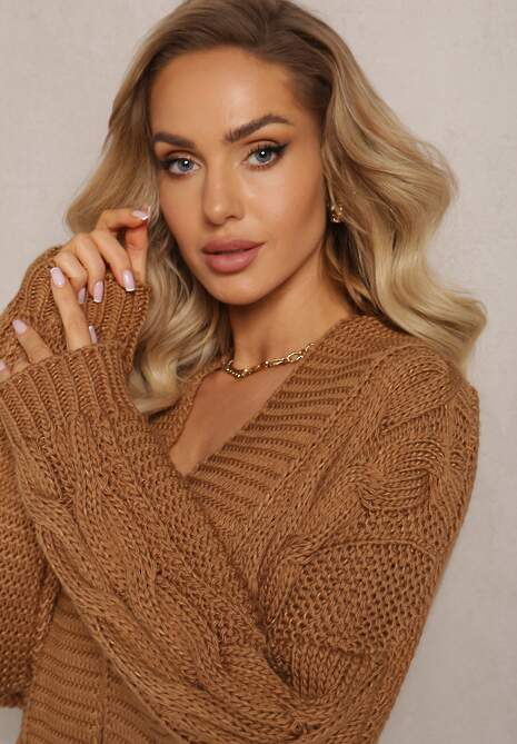 Brązowy Długi Kardigan z Ozdobnym Szerokim Splotem Havsana