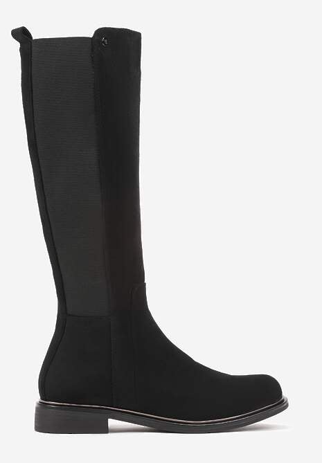 Czarne Kozaki z Ekozamszu na Płaskiej Podeszwie w Stylu Oficerek z Gumką Ansista