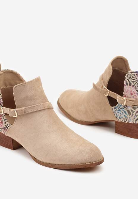 Beżowe Botki Vices na Słupku Ozdobione Kwiatami Selianor
