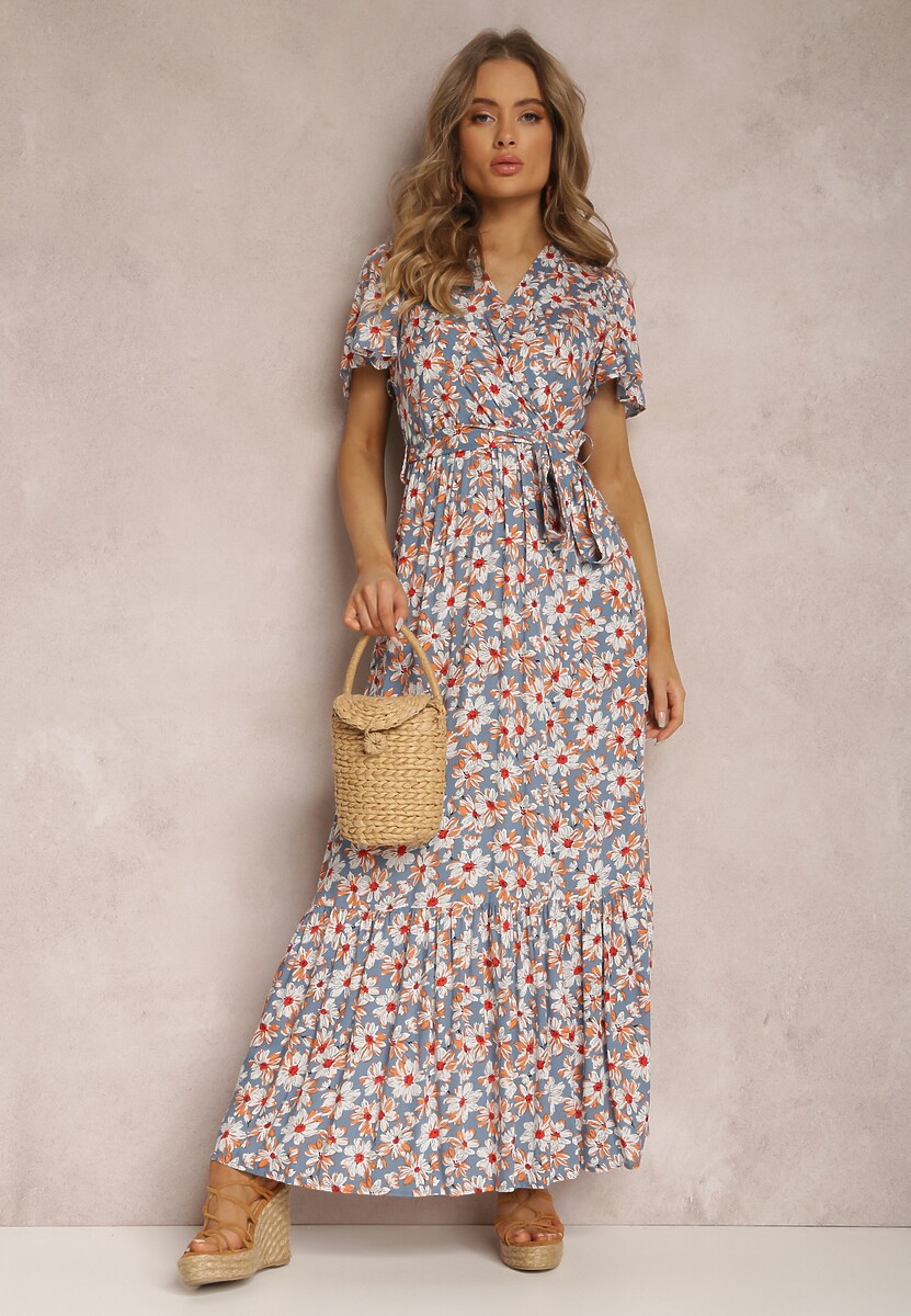 Niebiesko-Pomarańczowa Sukienka z Wiskozy Teofeneus