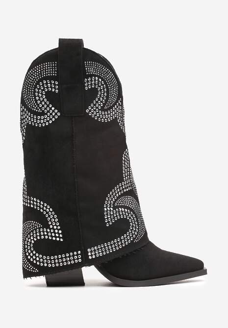 Czarne Botki Kowbojki na Słupku Wykończone Wywiniętą Nogawką z Cyrkoniami Evisya