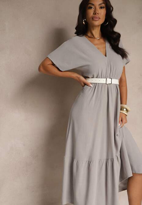 Szara Sukienka z Wiskozą i Lnem z Wiązaniem z Tyłu Kolissea