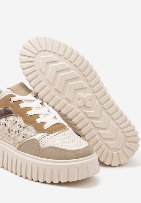 Beżowe Sneakersy na Platformie z Tłoczeniami Zdobione Panterkowym Printem Herraza