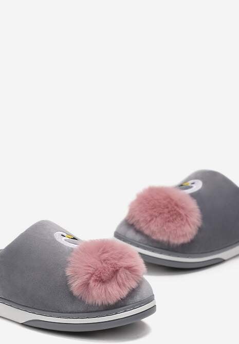 Szare Kapcie na Płaskiej Podeszwie z Pomponem i Haftem Xamela