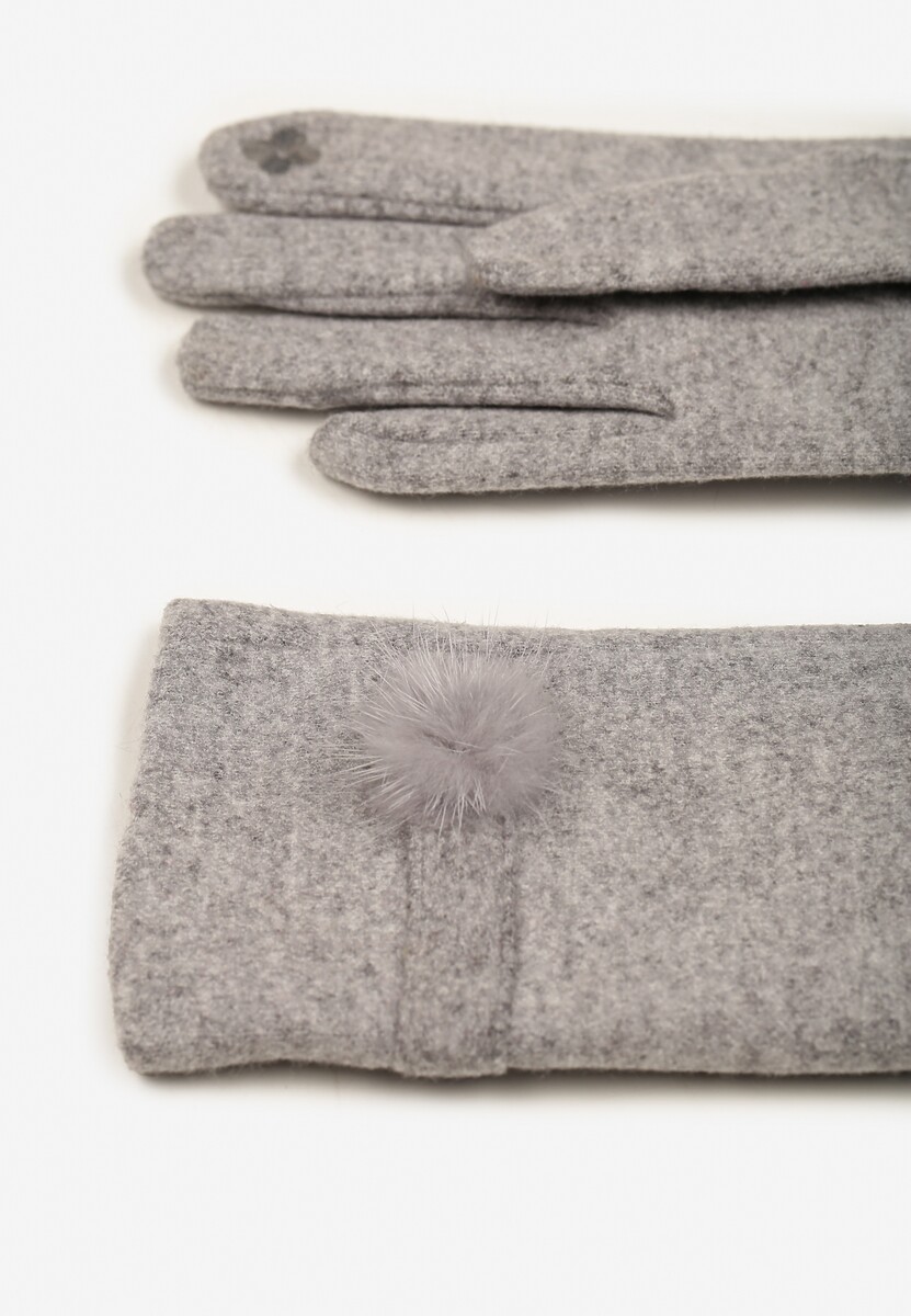 Szare Rękawiczki Dzianinowe z Dodatkiem Bawełny Ozdobione Pomponem Zinnatra