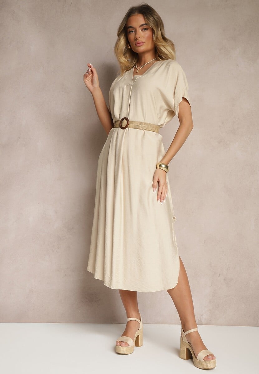 Niebieska Pudełkowa Sukienka z Wiskozy z Dekoltem V Paskiem i Rozcięciami po Bokach Soniloria