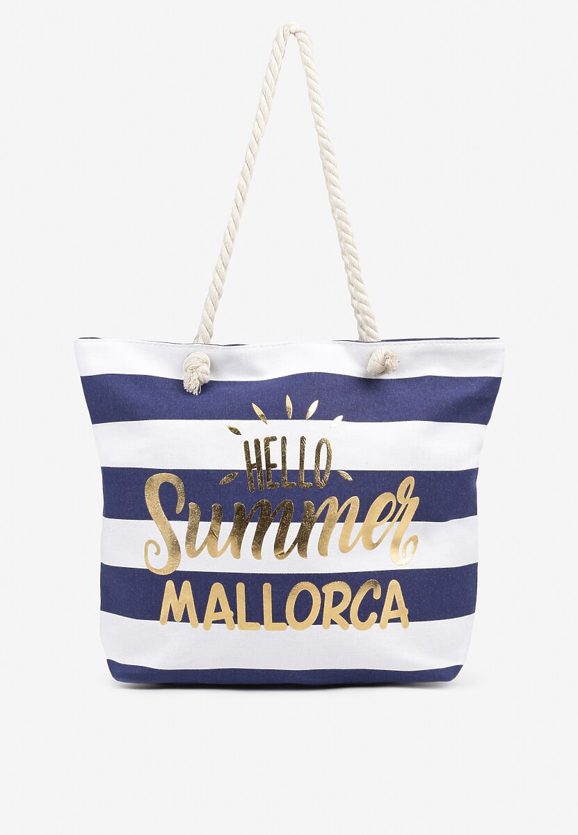 Granatowa Torebka Ozdobiona Sznurkiem Napisami i Paskami Revandellea