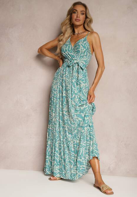 Jasnoniebieska Wiskozowa Sukienka na Ramiączkach z Materiałowym Paskiem i Gumką w Talii Terzalia