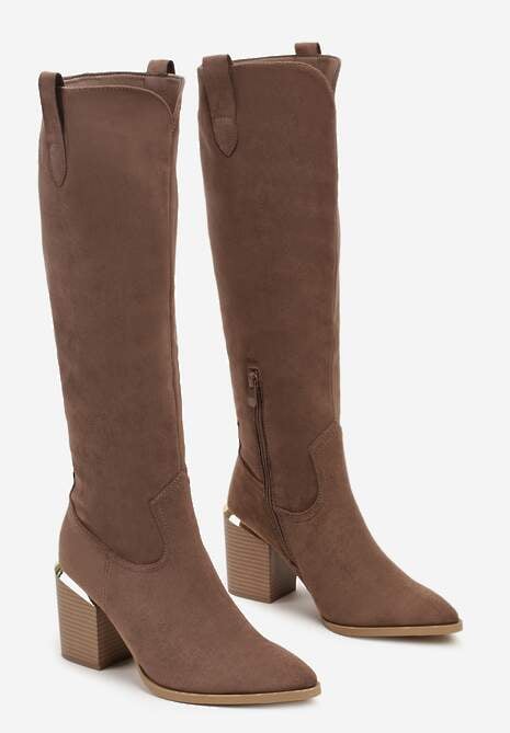 Ciemnobeżowe Kozaki Vices na Słupku Ozdobione Metaliczną Wstawką Moriane