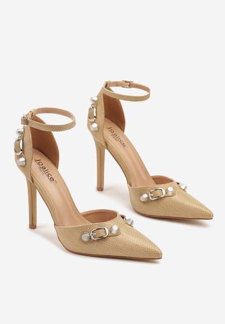 Beżowe Szpilki Ozdobione Metalicznymi Klamrami i Plecioną Cholewką Elliwen