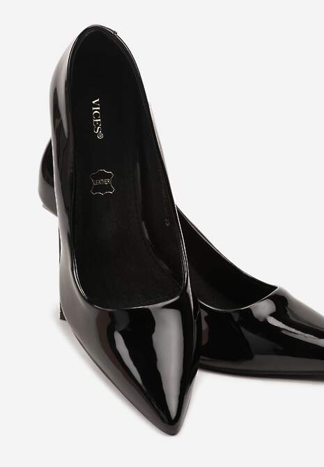 Czarne Lakierowane Czółenka na Słupku Vices z Wkładką ze Skóry Naturalnej Rocce