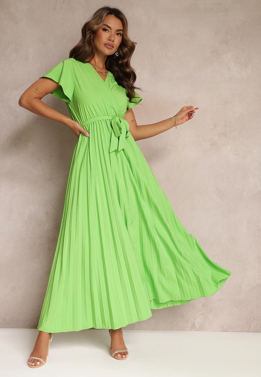 Jasnobeżowa Koktajlowa Maxi Sukienka Ozdobiona Plisami z Trójkątnym Dekoltem i Wiązaniem w Talii Phoelia