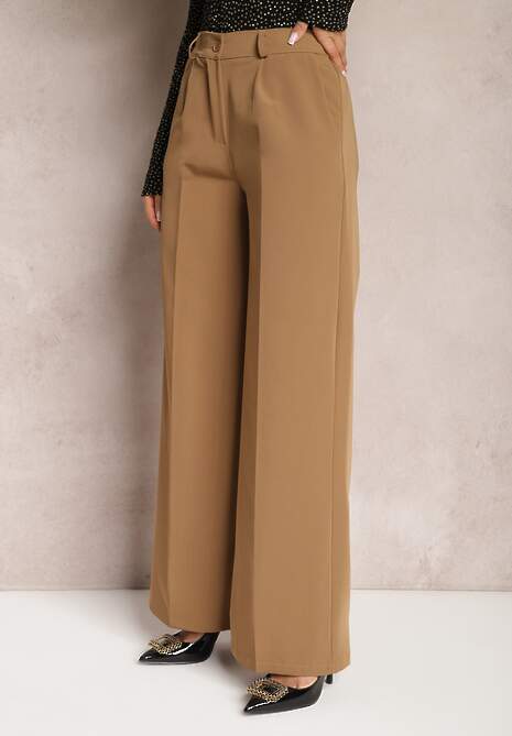 Jasnobrązowe Szerokie Spodnie High Waist z Gumką w Pasie Eternel