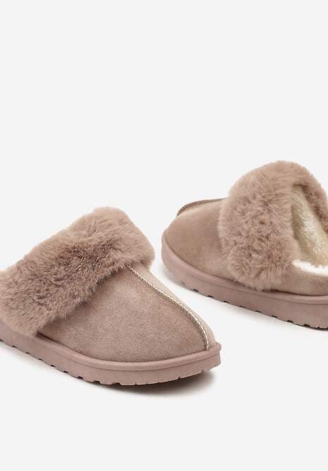 Ciemnobeżowe Kapcie z Ekozamszu z Futrzaną Wyściółką Zoleti